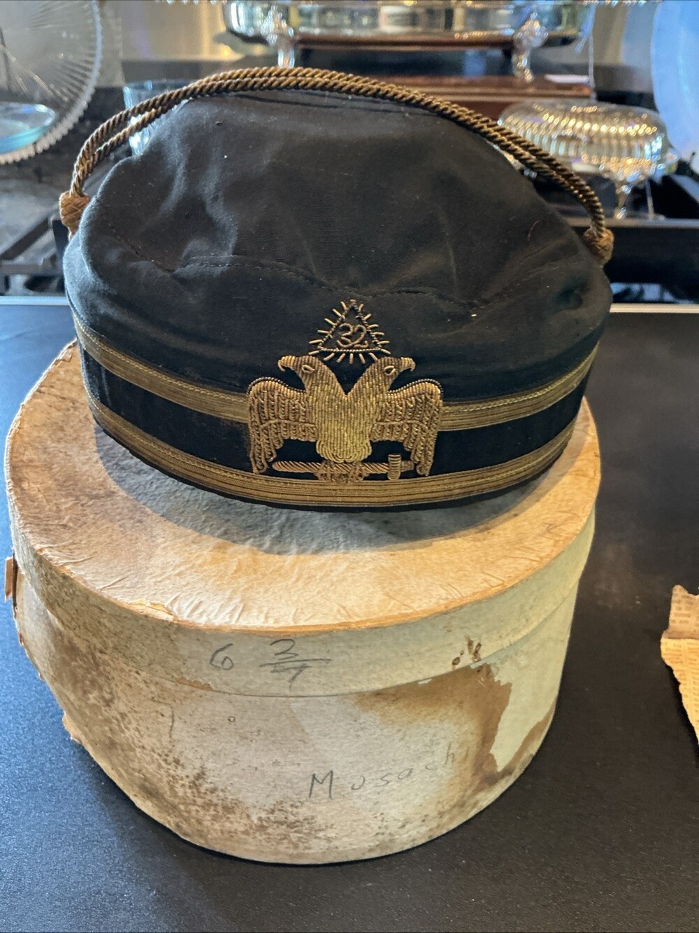 Antique 32nd Degree Scottish Rite Cap Hat Masonic Embroidered w/ Original Box